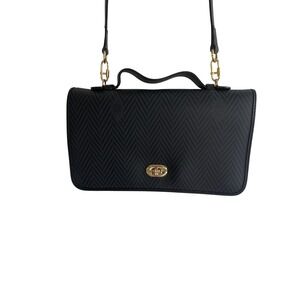 Vintage Mark Cross Herringbone Textured Crossbody Bag Gold Turn Lock